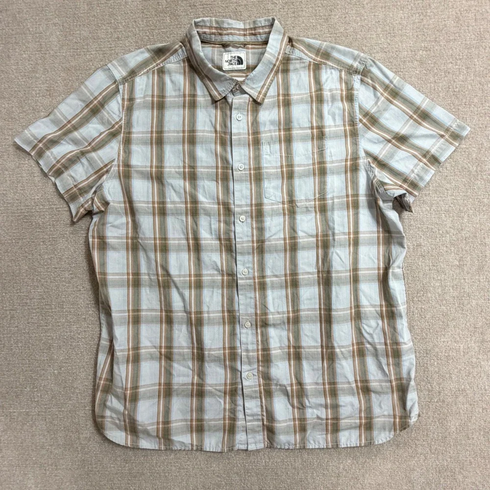 vtg The North Face Mens XXL Plaid SS Button Down Shirt Brown Blue Outdoor